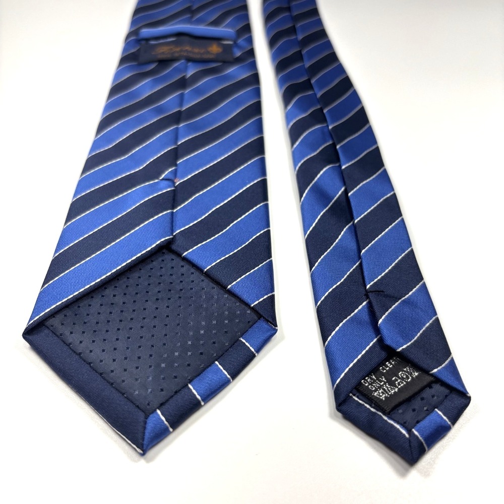Firenze Mens Luxury Tie Blue w/ Navy & White Diagonal Stripes 100% Silk Repp 60" - Picture 4 of 5